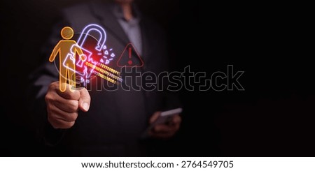 Personal data breach and cybersecurity concept. Broken padlock protecting human figure is attacked, held by a businessman. Identity theft protection, corporate information leak, exposed, or hacked.