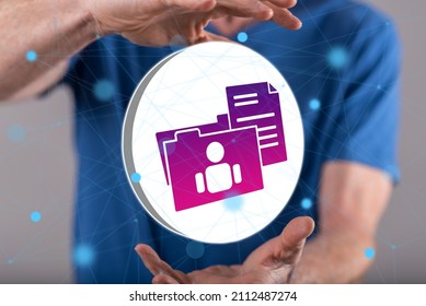 Personal data concept between hands of a man in background