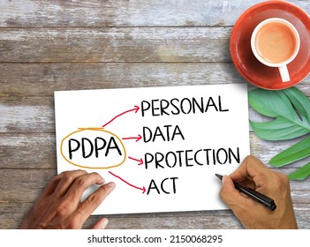 Personal Data Protection Act, PDPA letters written on white paper and cup of coffee on wooden table background. concept idea for personal security data.