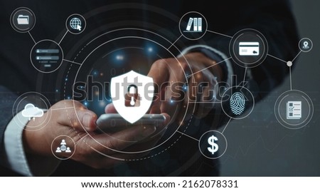 Personal Data Protection Act or PDPA concept. Businessman uses a phone with a fingerprint scan concept.Shield with lock icon on screen of futuristic protection from data theft.privacy.vpn