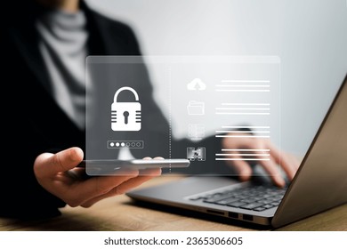 Personal data protection and security encryption concept, Businesswomen use smartphones to enter codes for security encryption check data online Secure data storage, and transfer data on internet 