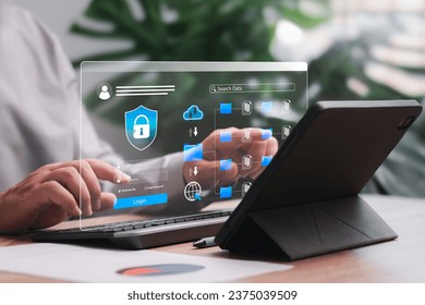 Personal data protection security encryption, Document online management, Businessmen use tablets enter code to access the document in cloud computing system, Secure Internet access, cybersecurity.
