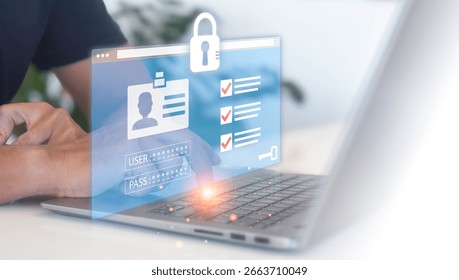 Personal data protection system developer on laptop and virtual interface. Cyber security and privacy network concept to protect data. Lock icon and internet network security technology.