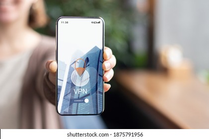 Personal Data Protection. Woman Demonstrating Smartphone With Opened Vpn App On Screen, Unrecognizable Lady Showing Modern Application For Syber Security And Information Privacy, Creative Collage - Shutterstock ID 1875791956