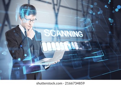 Personal data security concept with digital white scanning sign in virtual blue glowing frame on pensive businessman with laptop background, double exposure