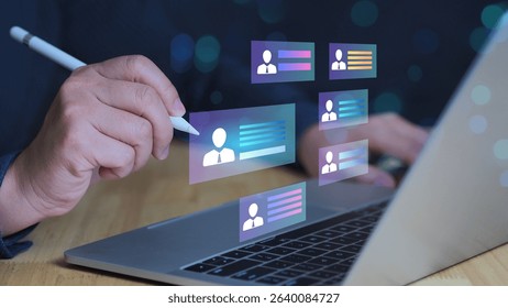 personal data security and person working on a laptop with digital profile icons, focusing on online communication and cybersecurity. virtual networking, digital identity