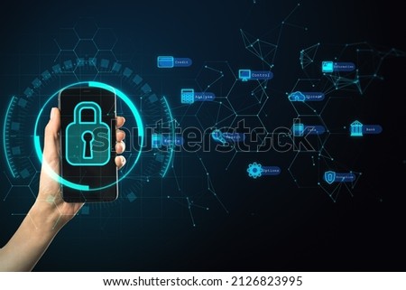 Personal data storage and internet of things concept with human hand holding modern smartphone with digital lock sign and computer technology symbols on abstract dark wallpaper