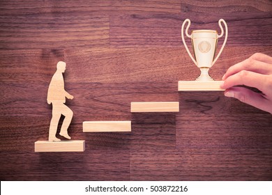 Personal development, personal and career growth, progress and potential concepts. Coach (human resources officer, manager, mentor) motivate employee to growth with cup.