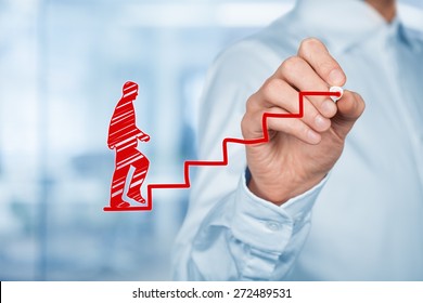 Personal development, personal and career growth, success, progress and potential concepts. Coach (human resources officer, supervisor) help employee with his growth symbolized by stairs. 