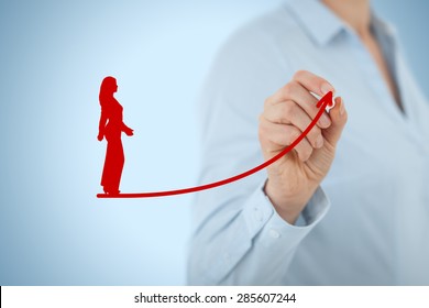 Personal Development, Personal And Career Growth, Success, Progress, Motivation And Potential Concepts. Coach (human Resources Officer, Supervisor) Helps Female Employee With His Growth.
