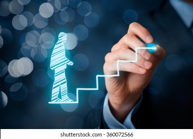 Personal Development, Career Growth, Success, Progress And Potential Concepts. Coach (human Resources Officer, Supervisor) Help Employee With His Growth Symbolized By Stairs, Bokeh Background.