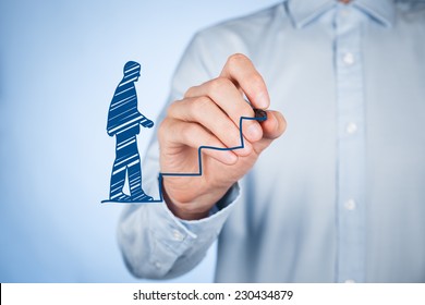 Personal development (personal growth), success, progress and potential concepts. Male coach (human resources officer, supervisor) draw stairs to help employee with his growth. 