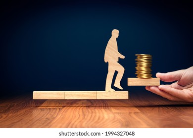 Personal Development Leads To Higher Earnings. Motivational Financial Concept With Wooden Person And Blocks. Exploit Your Own Potential For Higher Earnings.