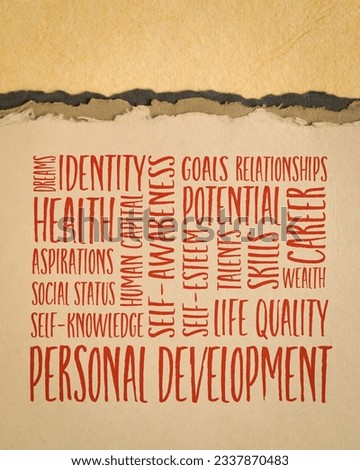 personal development word cloud on an art paper, inspirational self improvement concept