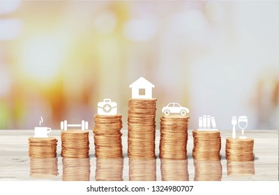 Personal Expenses Concept. Financial Analysis Background. Golden Coins Pile And Icons. Photo And Illustrations Combined.