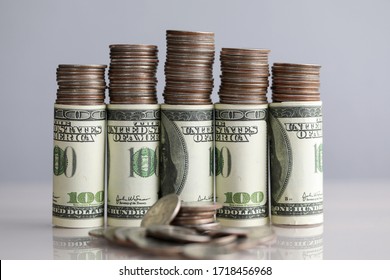 Personal Finance Management, Dollars And Coins. Creation Cash Reserves. Investing In Profitable Business Or Deposit. Rational Distribution Cash. Big Risk To Spend Accumulated Funds