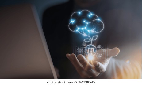 Personal growth concept, Businessman hand touching creativity, vision, motivation, planning, training, develop and goals icon on virtual screen.

