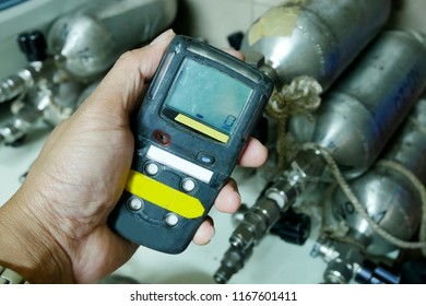 Personal H2S Gas Detector,Check Gas Leak. Safety Concept Of Safety And Security System On Offshore Oil And Gas Processing Platform, Hand Hold Gas Detector For Check Hydrocarbon Leak To Protect Fire An