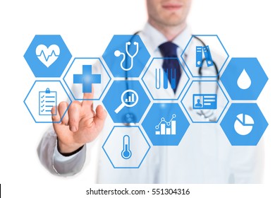 Personal Health Data Concept On A Virtual Screen With Icons About Heart Rate, Blood Pressure, Body Temperature And Statistics And A Medical Doctor Touching A Button, Isolated On White Background