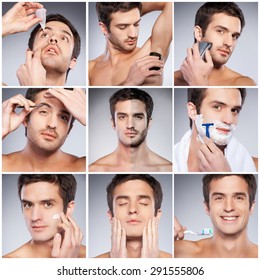 Personal Hygiene. Composite Image Of Handsome Young Man Grooming While Standing Against Grey Background