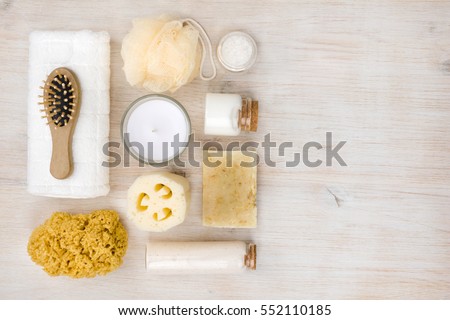 Personal hygiene objects on wood, view from above, right copyspace