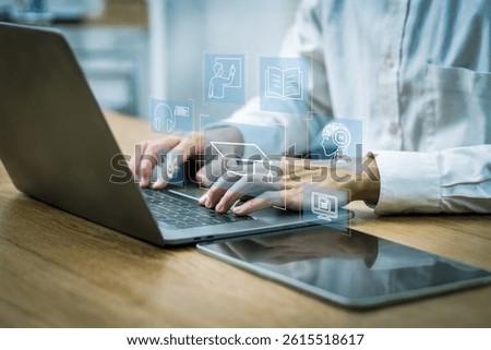 Personal Information Technology, Internet Learning, Network Technology, Online Education, Training, Courses, Off-Campus Learning, Businessman or student learning online on computer and tablet.