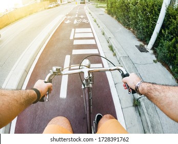 Personal Point Of View Of A Man During His Bicycle Trip In A Bike Lane - POV