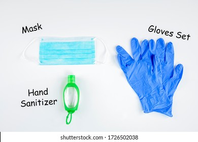 Personal Protective Equipment (PPE) Kit Against Coronavirus With Face Mask, Set Of Gloves And Hand Sanitizer