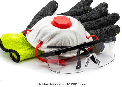 Personal Protective Equipment (PPE) On A White Background. Featuring Safety Glasses, Dust Mask And Thick Gloves