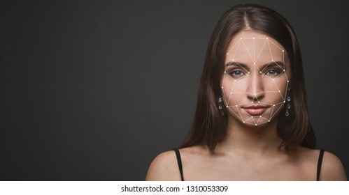 Personal safety. Young woman face scanning for facial recognition, panorama with empty space