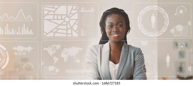 Personal Security Concept. Data Of African American Businesswoman, Double Exposure Of Office With Info On Virtual Display, Blank Space. Panorama