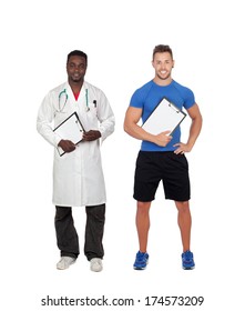 Personal Trainer And African Doctor Isolated On A White Background