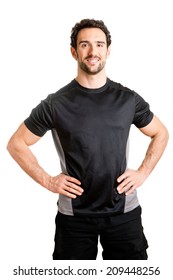 Personal Trainer With Is Arms On His Waist, Isolated In White