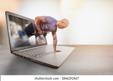 Personal Trainer Does Gym Lesson Through Internet And Laptop