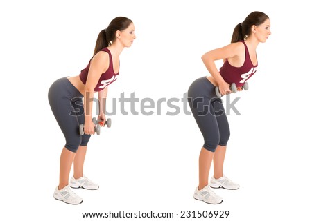 Personal Trainer doing bent over rows for training her lats, isolated in white