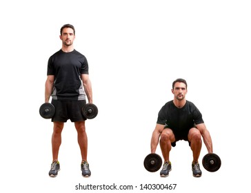 Personal Trainer Doing Dumbbell Squat For Training His Legs, Isolated In White