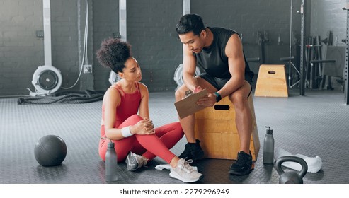 Personal trainer man, woman gym and exercise plan with.a fitness instructor training routine, body and healthy cardio sports workout. Athlete exercising, health wellness and strong mental motivation - Powered by Shutterstock