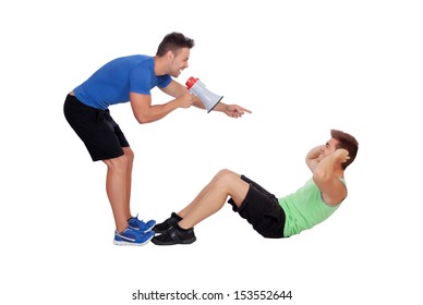 Personal trainer with a megaphone and boy making abdominal isolated on a white background - Powered by Shutterstock