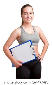 Personal Trainer, With A Pad In His Hand, Isolated In White