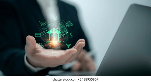 Personal use laptop to access digital virtual bank, navigating network of financial data and exploring decentralized finance, FinTech innovations, cybersecurity, Digital banking, Digital Green Bank 