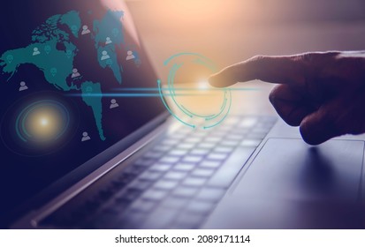 Personal using laptop with connect communication online around the world by technology finger touching screen  