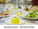 Personalized lemon with the inscription uncle Vitya  for exclusive table setting. Еext in the content: uncle Vitya