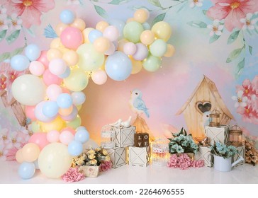 Personalized romantic enchanted garden decor, with colorful balloon arch and dolls, enchanted garden illustration, for studio photo shoots.  Great for family rehearsals and also for smash the cake.