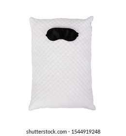 Personofied Quilted Pillow With Sleeping Mask Isolated On White Background. Soft Cushion For Comfortable Sleep And Sweet Dreaming