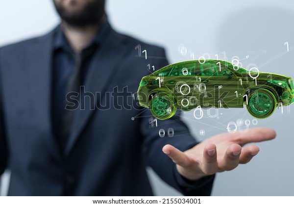 A person\'s hand with an\
illustrative car floating above the hand  Concept of technology\
