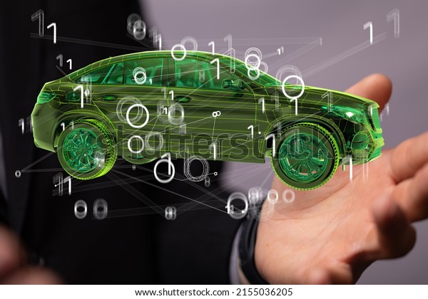 A person's hand with an
illustrative car floating above hands  Concept of
technology
