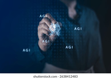 A person's hand touches a complex holographic interface, revealing the neural network of an Artificial Superintelligence to explore the future of machine consciousness