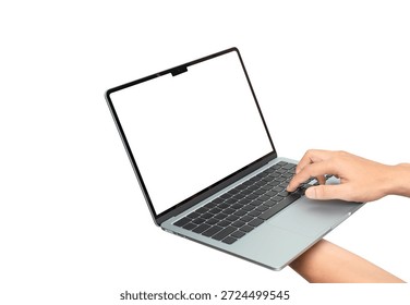 A person's hands holding and using a modern, thin silver laptop with a blank white screen (mockup). Isolated on a white background, emphasizing technology, online work, digital communication, and port