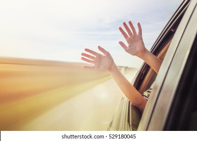Person's hands out of the car window driving down a country road