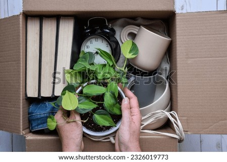 Person's hands packing personal belongings items into cardboard box for moving